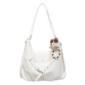 Minimalist white leather shoulder bag with cute puppy pendant and adjustable strap - With Pendant / White