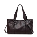 Bolso tote marrón oscuro de cuero sintético con herrajes plateados y correa ajustable - café