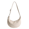 Minimalist beige half-moon shoulder bag in lychee pattern leather with silver buckle - White
