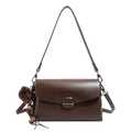 Minimalist deep brown leather shoulder bag with square metal buckle and plush charm detail - Coffee