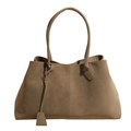 Minimalist mocha tote bag in matte finish with long shoulder straps and tag on white background - Green