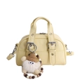 Light yellow faux leather shoulder bag with top handles and plush dwarf pendant charm - With Pendant / Yellow