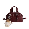 Dark burgundy faux leather boston bag with plush charm and silver hardware accents - With Pendant / Red