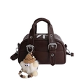 Dark brown matte PU leather Boston bag with plush doll pendant and silver hardware - With Pendant / Brown