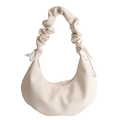Chic beige half-moon hobo bag with a stylish scrunchie strap and textured leather finish - White