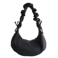 Modische schwarze Schultertasche mit gerafftem Riemen, Schleifen und Lederstruktur - Schwarz