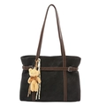 Sac fourre-tout noir rétro avec lanières en cuir marron et pendentif ours en peluche jaune - Avec Pendentif / Noir