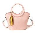 Sac seau en cuir PU rose avec poignée ronde, breloque en perles et bandoulière amovible - Rose