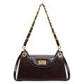 Deep brown glossy leather chain bag with vintage texture and gold rectangular turn-lock - Brown