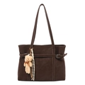 Grand sac cabas marron foncé en similicuir mat avec charme d'ours en peluche et gland - Avec Pendentif / Marron