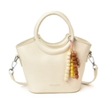 Sac seau beige minimaliste en cuir PU grainé avec poignée ronde et breloque en perles - Blanc