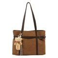 Sac fourre-tout vintage marron foncé avec texture daim et petit ours peluche - Avec Pendentif / Marron