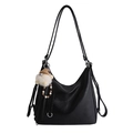 Grand sac cabas minimaliste noir en similicuir souple avec porte-clés poupée peluche - Avec Pendentif / Noir