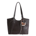 Sac cabas en cuir marron foncé avec surpiqûres blanches et breloque cheval de bois - Marron