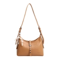 Minimalist tan crescent shoulder bag with silver rivet and pearl heart charm detail - With Pendant / Tan