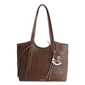 Sac cabas classique en cuir marron foncé avec surpiqûres blanches et charme de cheval - Marron