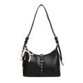 Minimalist black faux leather shoulder bag with silver studs and pearl bow charm - With Pendant / Black