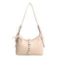 Minimalist beige PU leather dumpling shoulder bag with pearl bow and silver studs - With Pendant / Gray