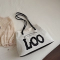 Minimalist beige canvas tote bag with black LOO text print and long shoulder straps - Canvas Black