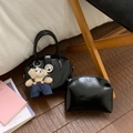 Glossy black leather handbag set with a mini pouch and a cute plush bear keychain charm - Black