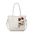 White pebbled leather tote bag with plush bear charm and adjustable shoulder strap - Off White