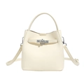 Elegant off-white pebbled leather bucket bag with silver metal buckle and top handle - 19*13*19 / Off White