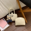 Detailed set of cream white shell tote bag with matching purse and teddy bear charm - With Pendant / White