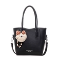 Classic black litchi pattern leather bucket bag with cute plush bear charm and beaded chain - Black