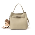 Beige litchi grain bucket bag with silver twist lock and plush bear charm accessory - With Pendant / Gray