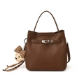 Dark brown pebble leather bucket handbag with cross-body strap and teddy bear charm - With Pendant / Brown
