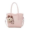 Pink lychee grain leather tote bag with adjustable strap and cute teddy bear pendant - Pink