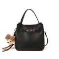 Chic black litchi grain bucket bag with rotating lock and cute bear charm - With Pendant / Black