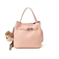 Pink lychee grain leather bucket bag with top handle and cute teddy bear charm - With Pendant / Pink