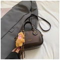 Brown minimalist square shoulder bag with vintage gold buckle and plush monkey charm - Brown with Pendant