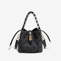 Chic black jacquard bucket bag with embossed pattern and metallic chain handle - Black