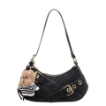 Black faux suede motorcycle shoulder bag with buckle straps and teddy bear charm - With Pendant / Black