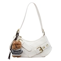 White crescent underarm bag with decorative straps and cute brown puppy plush charm - With Pendant / Off-white