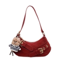 Chic burgundy baguette bag with gold metal buckles and a cute plush dog pendant - With Pendant / Burgundy