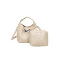 Elegantes champagnergoldenes Eimertaschen-Set mit passendem Etui und Silberverschluss - Beige