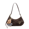 Dark brown half-moon baguette shoulder bag with plush puppy pendant and golden buckle - With Pendant / Coffee