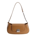 Borsa baguette marrone chic con grande fibbia argentata e tracolla in pelle e catena - Albicocca Lattea