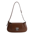 Classic brown baguette shoulder bag with silver metal buckle and chain leather strap - Tea Brown
