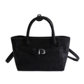 Minimalist matte black crossbody handbag with silver buckle and grainy leather texture - Black