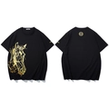 Men's black t-shirt with golden geometric horse head print, front and back views - 3XL / Black