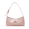 Zartrosa glänzende Baguette-Tasche aus Kunstleder mit Goldbeschlägen und Trageriemen - Rosa