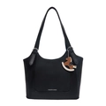 Classic black leather tote bag with stylish horse charm and shoulder strap - Black