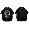 Oversized black cotton T-shirt with neon green cyberpunk anime mask print - 2XL / Black
