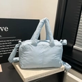 Quilted light blue cotton padded tote bag with fluffy texture and detachable shoulder strap - Blue