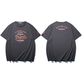Loose dark gray cotton T-shirt with orange letter print on front and back view - Space Gray