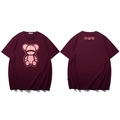 Losvallend donkerrood T-shirt met cartoonbeer en roze geometrische print - 3XL / Wijnrood